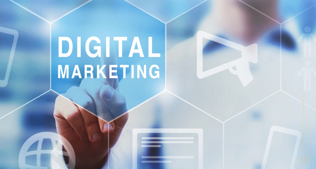 Person touching virtual interface with 'Digital Marketing' text – concept of online marketing, SEO, PPC, and social media strategy.